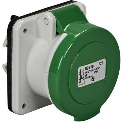 Grüne Industriesteckdose mit 32 A, geeignet für Spannungen von 100-250 Volt.