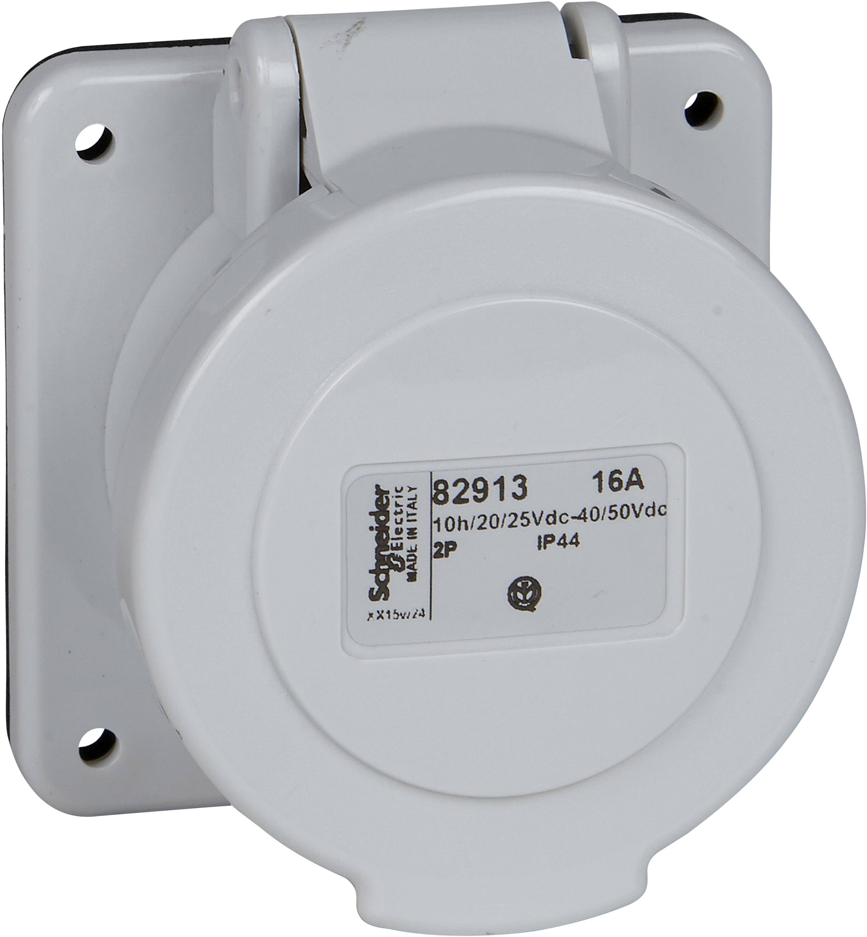 Weiße elektrische Steckdose von Schneider Electric, Modell 82913, mit Schutzart IP44, geeignet für 16A, 10h/20/25Vdc, 40/50Vdc.