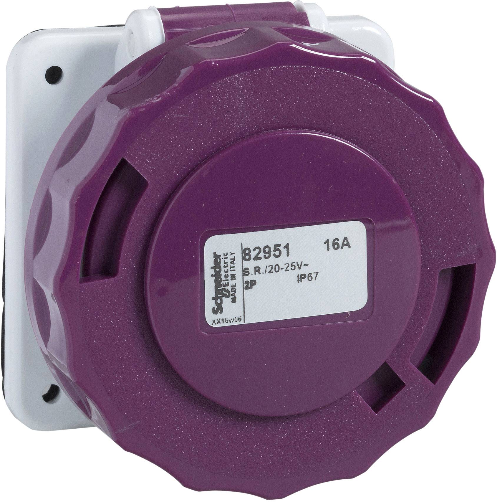 'Lila Wandsteckdose von Schneider Electric, 16A, IP67-Rating, geeignet für 20-25V.'