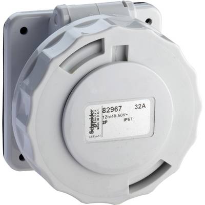 Weiße, runde elektrische Steckdose mit Deckel, geeignet für 12h/40-50V, 32A und IP67-Schutzart.
