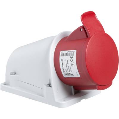 Industrie-Steckdose, rotes Gehäuse, weiße Basis, an Wand montierbar. 32A, 3-polig, für industrielle Anwendungen geeignet.
