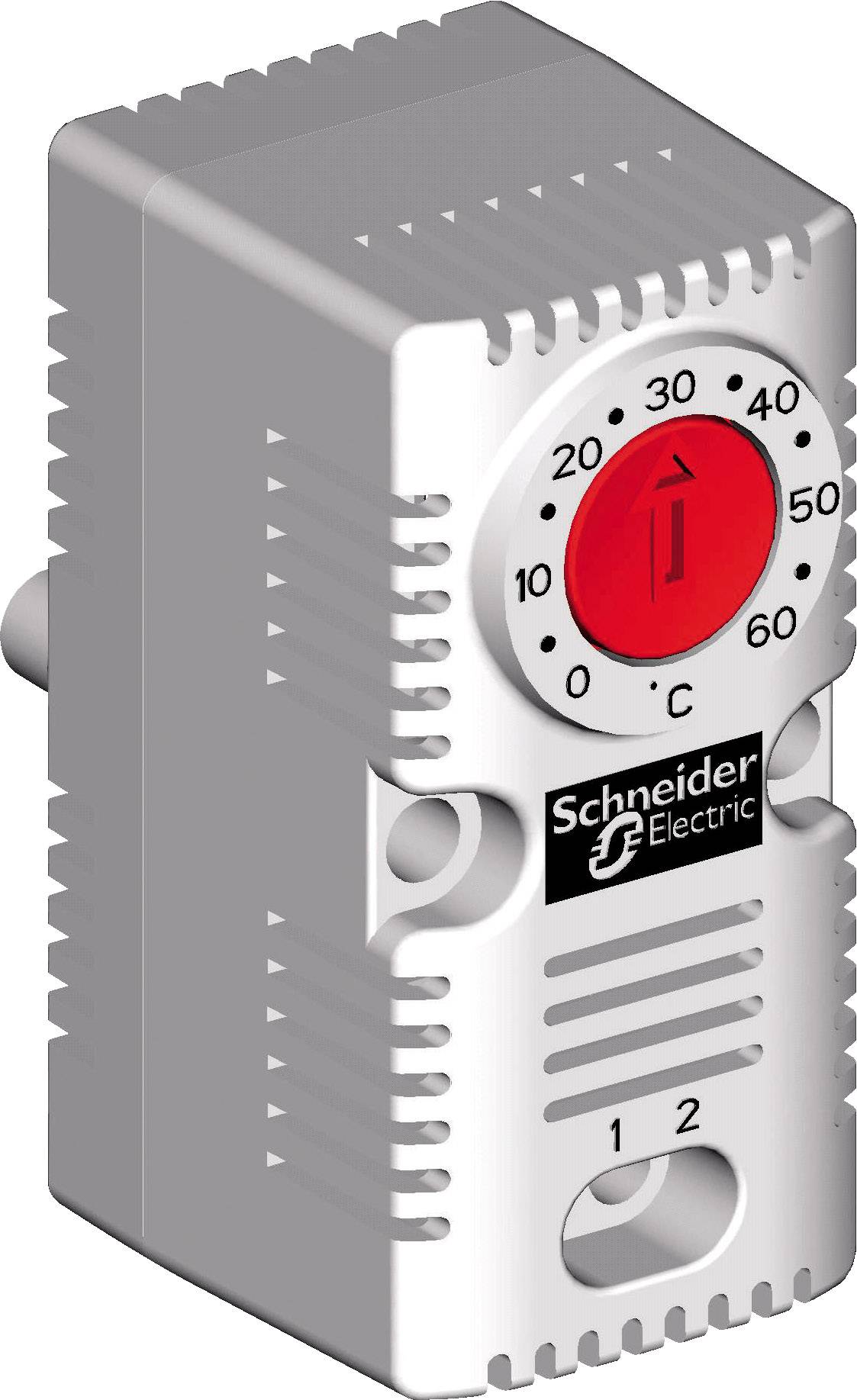 Thermostatschalter von Schneider Electric mit einem Drehregler von 0 bis 60 Grad Celsius, weiße Oberfläche, roter Regler.
