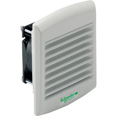 Ein graues Lüftungsgitter mit dem Logo von Schneider Electric. Es hat horizontale Lüftungsschlitze und ist an der Wand montiert.