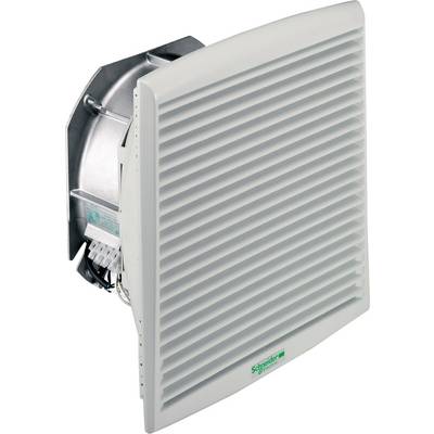 Industrieller Belüftungsventilator mit grauem Gitter, an der Wand installiert; Verkabelung und elektrische Anschlüsse sichtbar.