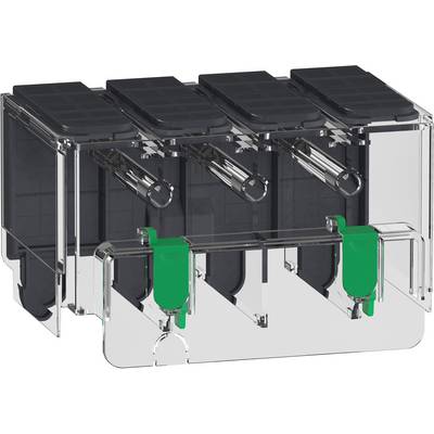 Ein transparenter Batteriehalter mit vier schwarzen Batterien nebeneinander. Zwei grüne Clips an der Vorderseite halten die Batterien sicher.
