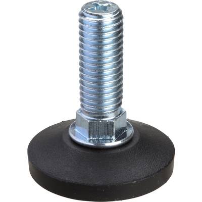 Schraube mit rundem, schwarzem Standfuß aus Kunststoff und einem metallischen Gewinde, geeignet für Möbel oder Maschinenbefestigung.