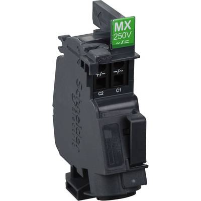 Abbildung eines elektrischen Schalters mit grünem Etikett 'MX 250V', hergestellt von Schneider Electric, zeigt Steckplätze C2 und C1.