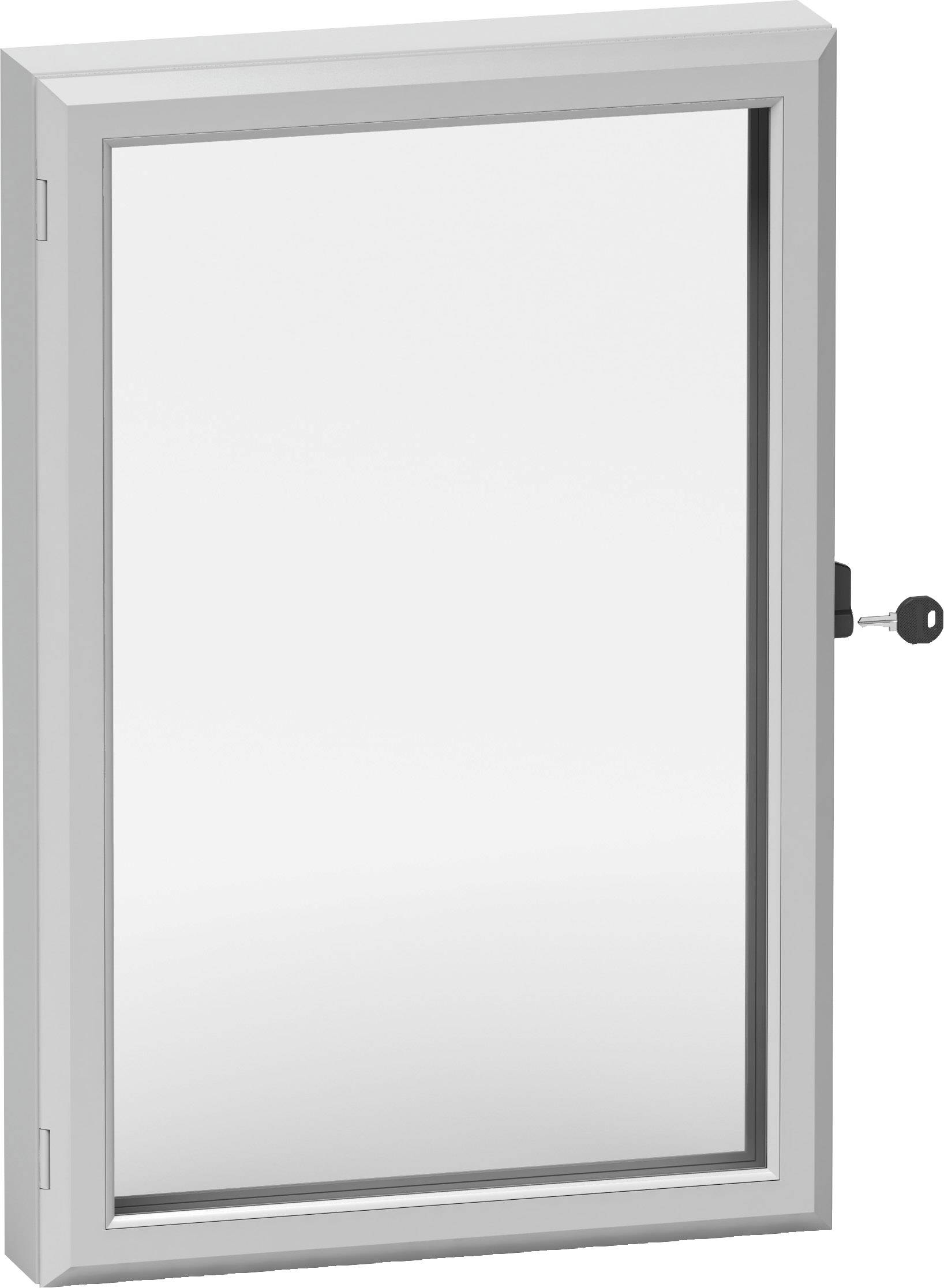 Silberner Glasschrank mit Glastür, seitlicher Schlüssel im Schloss. Geeignet zur Aufbewahrung kleinerer Gegenstände.