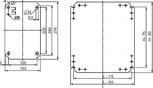 Technische Zeichnung eines rechteckigen Bauteils mit metrischen Abmessungen in Millimetern, zeigt Bohrlöcher und Außenmaße.
