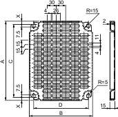 Technische Zeichnung eines rechteckigen Bauteils mit detaillierten Maßen und Radien. Seitenansicht und Draufsicht mit Beschriftungen.