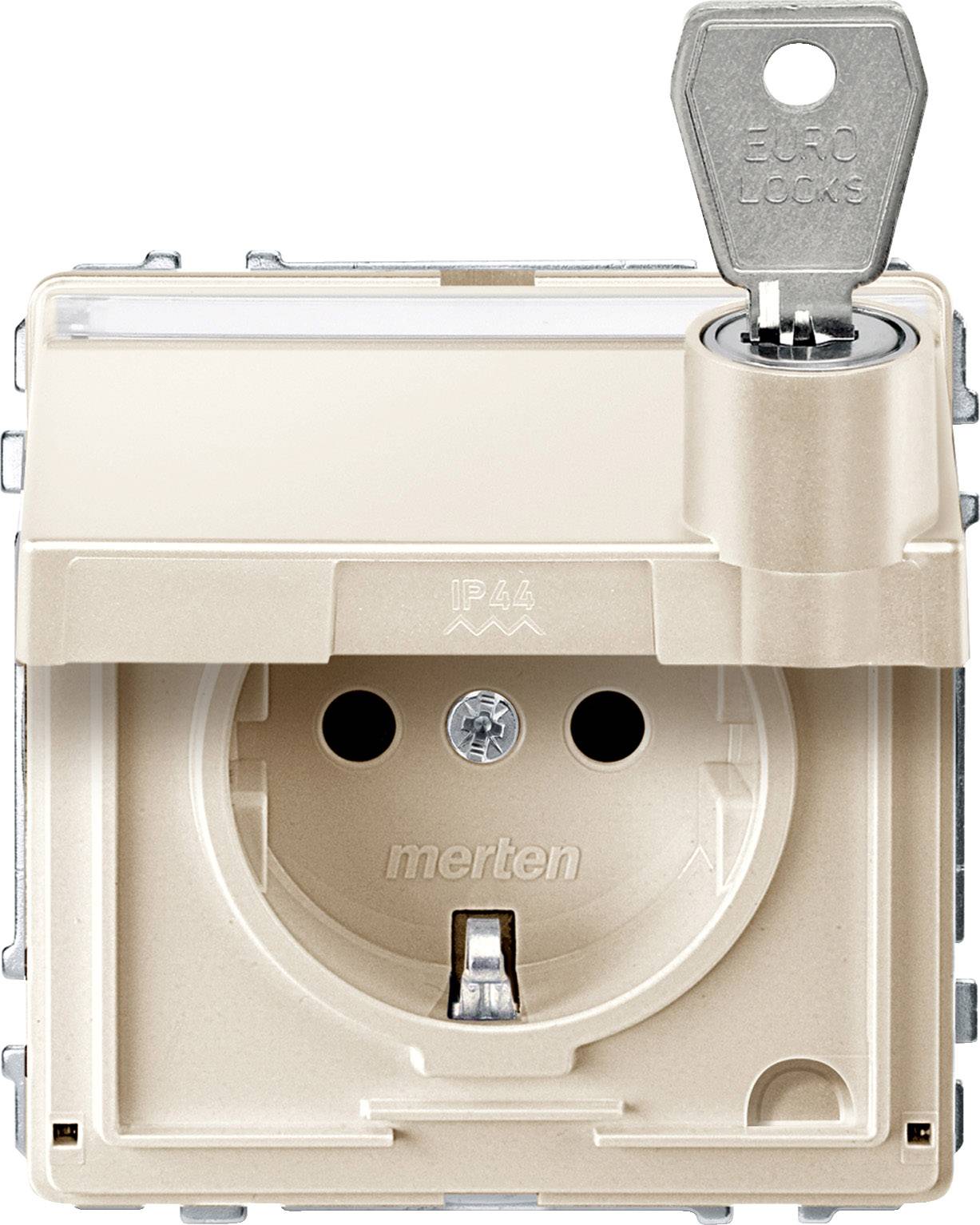 Ein beige Wandsteckdose mit einer transparenten Abdeckung, markiert mit 'IP44' für Schutzart. Ein Schlüssel mit 'Euro Locks' steckt oben.
