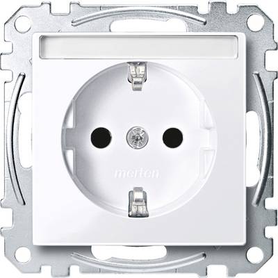 Eine weiße, quadratische Steckdose mit zwei runden Öffnungen für einen Stecker, umgeben von einem metallischen Rahmen.