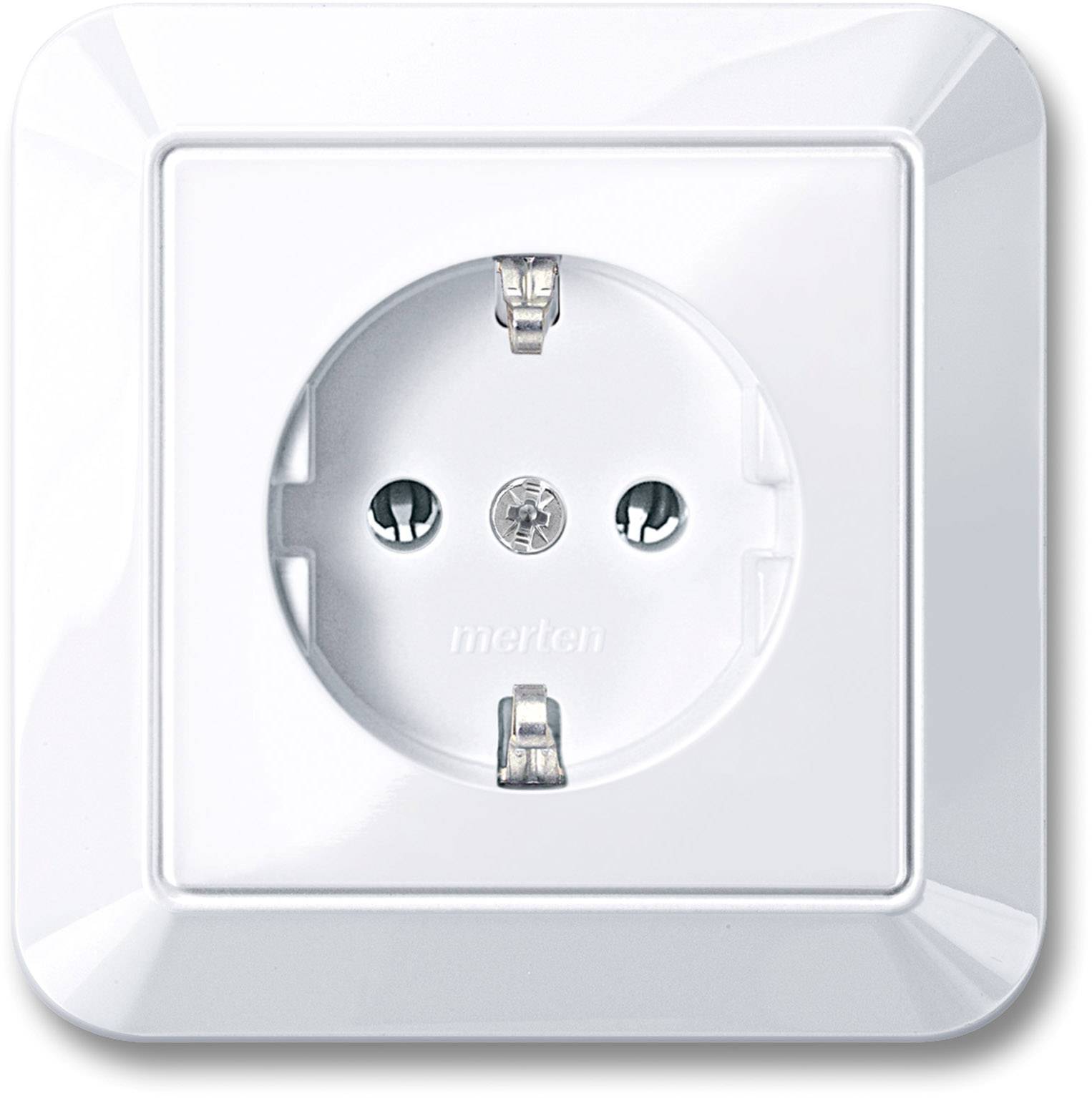 Weiße Wandsteckdose mit zwei Löchern und Erdungsanschluss, geeignet für europäische Stecker, Marke 'merten'.