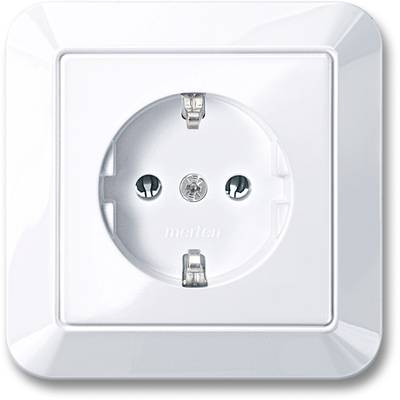 Weiße Wandsteckdose mit zwei Löchern und Erdungsanschluss, geeignet für europäische Stecker, Marke 'merten'.