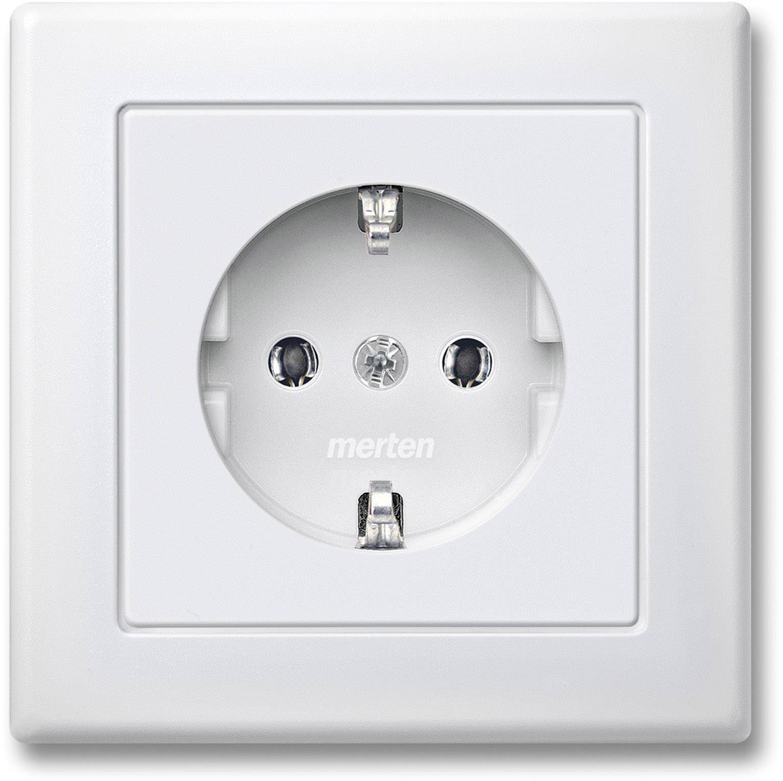 Weiße Steckdose mit rundem Einsatz, geeignet für Schuko-Stecker.