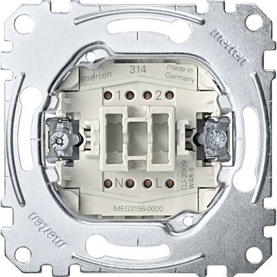 'Lichtschalter-Einsatz, Marke Merten, Modellnummer MEG3156-0000, hergestellt in Deutschland. Metallrahmen mit Schraubbefestigungen.'
