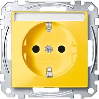Gelbe Steckdose ohne Abdeckung, sichtbar sind die runden Öffnungen für Stecker und eine zentrale Schraube, montiert auf Metallrahmen.