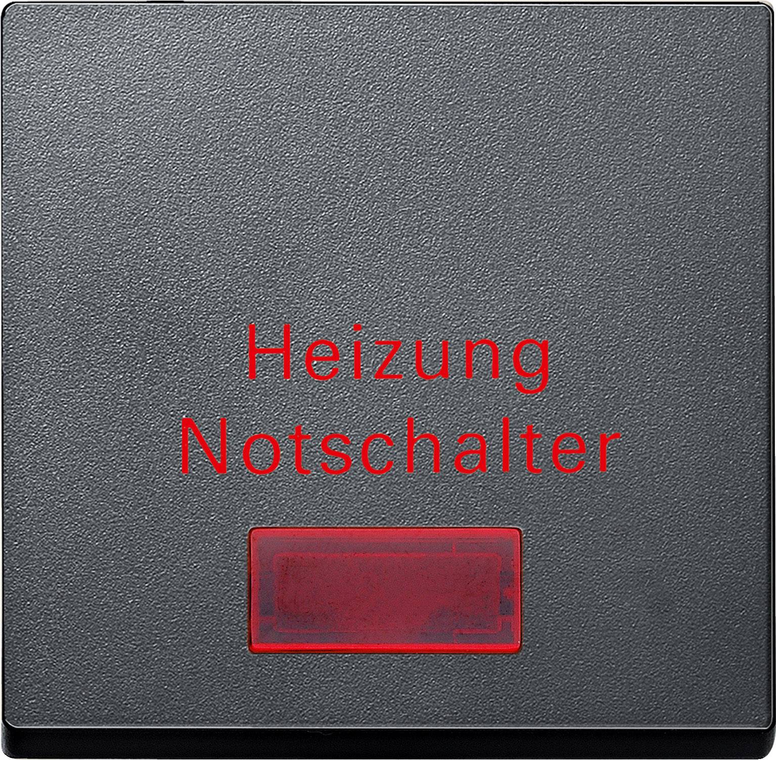 Grau-schwarzer Schalter mit roter Aufschrift 'Heizung Notschalter'. Der Schalter scheint ein Sicherheitselement zu sein.