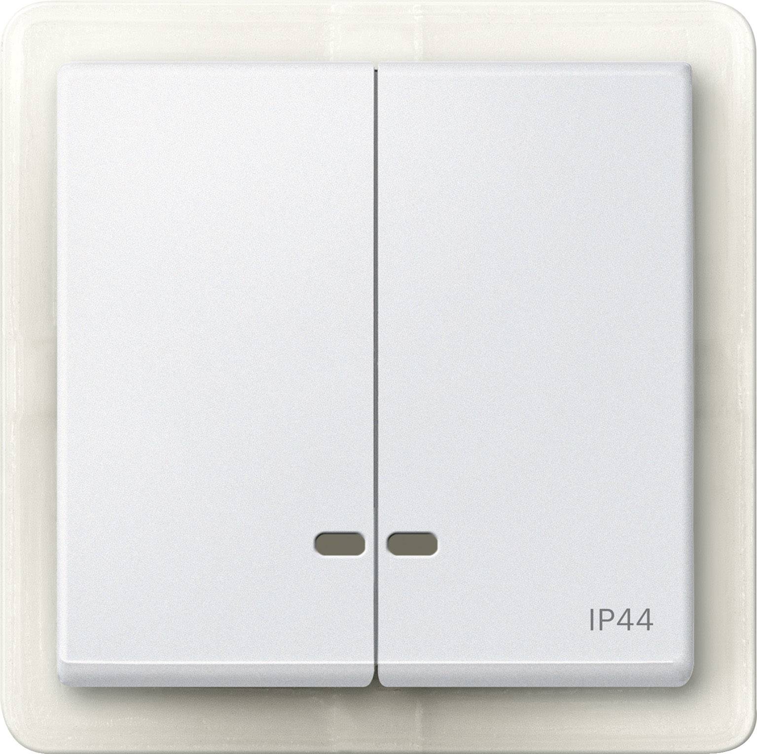 Zweifach-Lichtschalter in neutralem Design mit Kennzeichnung 'IP44' unten rechts, geeignet für Feuchträume oder Außenbereiche.