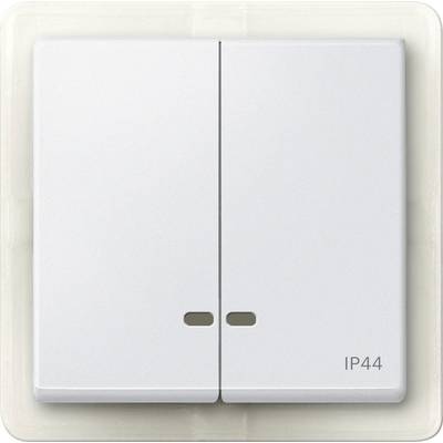 Zweifach-Lichtschalter in neutralem Design mit Kennzeichnung 'IP44' unten rechts, geeignet für Feuchträume oder Außenbereiche.