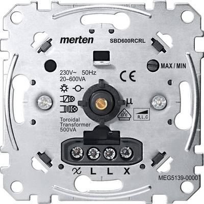 Dimmerlichtschalter mit Aufschrift 'merten', '230V~ 50Hz', '20-600VA', '500VA'. Symbole: CE, Max/Min, elektrische Anschlüsse unten.