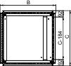 Technische Zeichnung einer quadratischen Öffnung mit Maßen. Beschriftet mit 'B', 'C', und 'C-184' für Höhe und Breite der Ränder.
