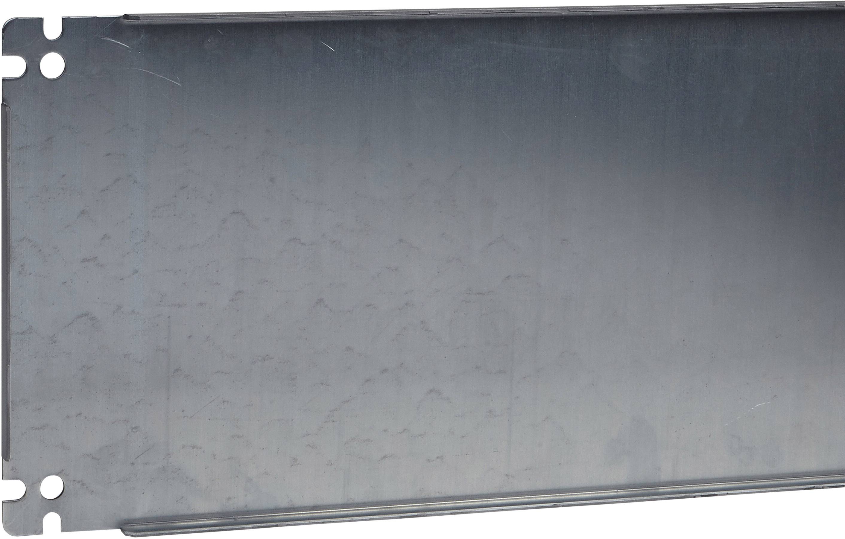 Metallplatte mit abgerundeten Ecken und zwei Löchern auf der linken Seite. Oberfläche ist glatt und silbern.
