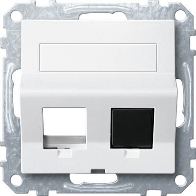 Zwei Port Netzwerksteckdose mit einem weißen und einem schwarzen Anschlussfeld, montiert auf einem Metallrahmen für Wandinstallation.