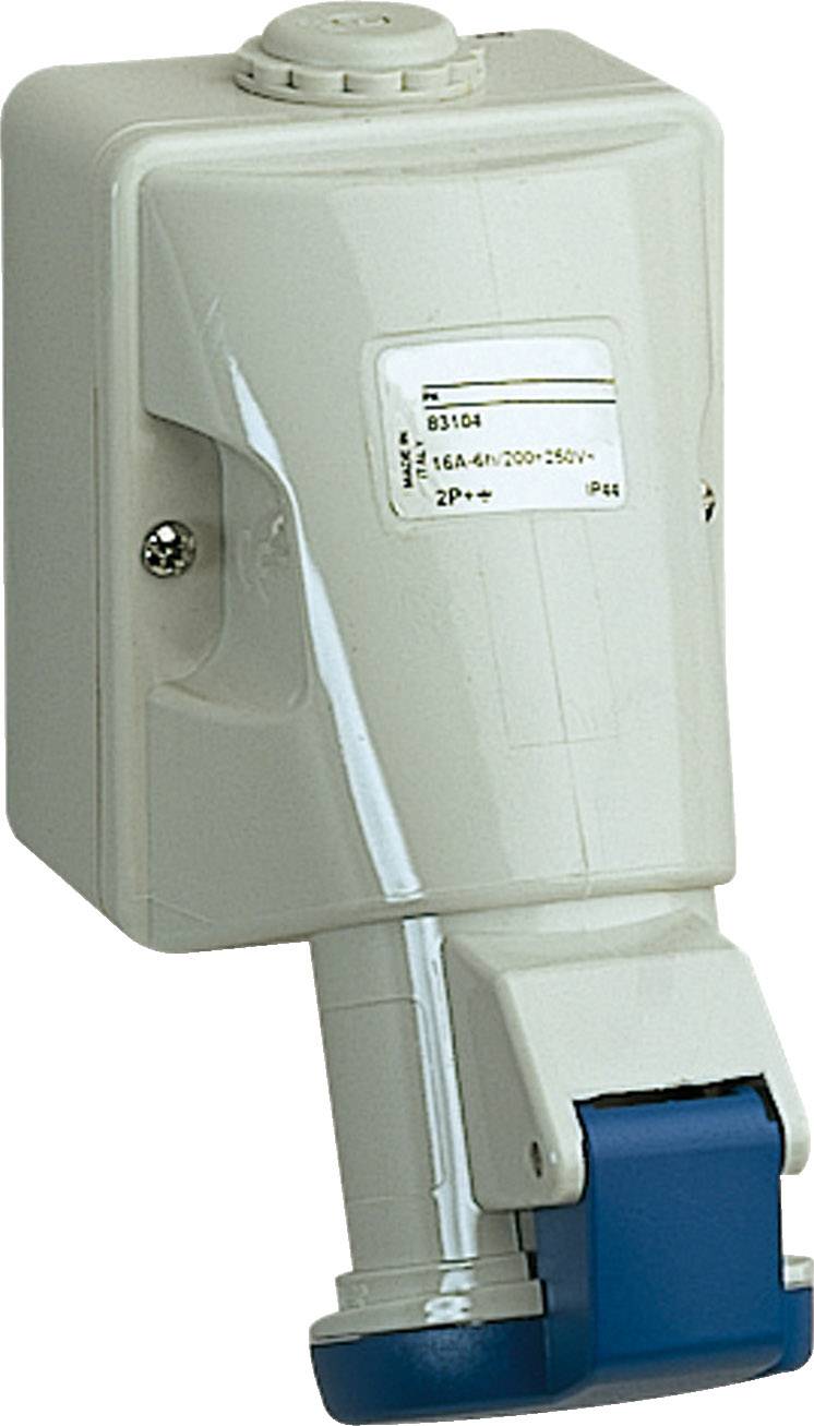 Industrie-Steckdose Typ B3140, 16A, 6h, 200-250V, 2P+E, IP44, in grau und blau. Geeignet für mittlere elektrische Lasten.