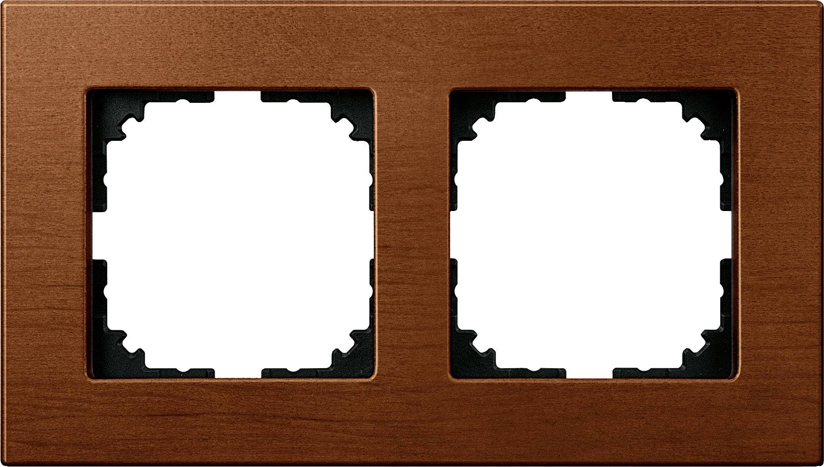 Doppelrahmen aus Holz für Schalter oder Steckdosen, rechteckige Form mit zwei Öffnungen, dunkelbraune Farbe, schlichtes Design.