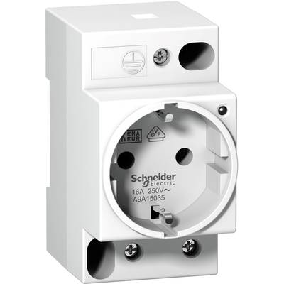 Steckdose von Schneider Electric, Modell A9A15035, für 16A, 250V~. Weiße Farbe, Markenlogo und technische Spezifikationen.