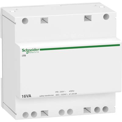 Ein weißer Schaltschrankbauteil von Schneider Electric, iTR-Serie. Zeigt technische Spezifikationen für 16VA, 230V Primär und 12/24V Sekundär.