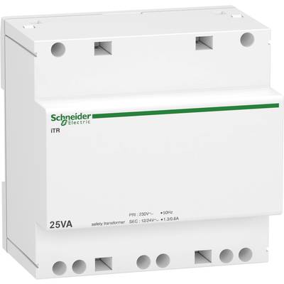 Weißer Sicherheitstransformator von Schneider Electric mit der Aufschrift '25VA', 'PRI: 230V~', '50Hz', geeignet für Elektrosysteme.