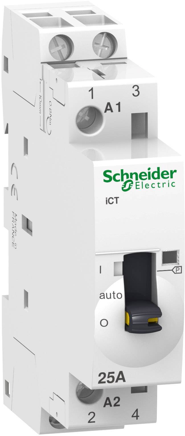 Ein weißer Schaltaktor von Schneider Electric mit schwarzem Schalter und grüner Aufschrift 'iCT'. Schalter steht auf 'Auto'.