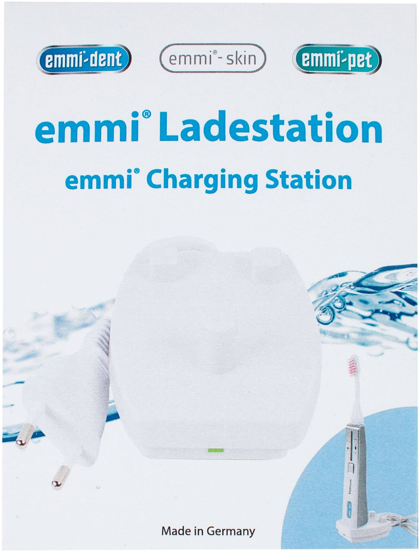 'Emmi Ladestation' mit Bild einer Ladestation und Zahnbürste. Markenlogos oben, Beschriftung: 'emmi Charging Station'. Made in Germany.