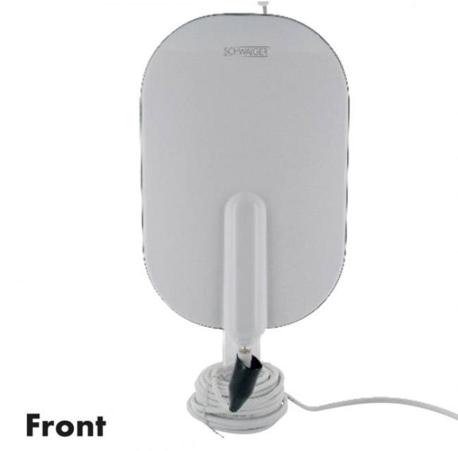 'Schwaiger' TV-Antenne, modern und schlank, steht auf einer runden Basis. Verbindungskabel sichtbar, vor weißem Hintergrund.