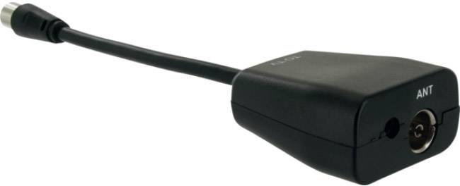 Ein schwarzer TV-Antennenadapter mit einem koaxialen Anschluss und einem langen Kabel.