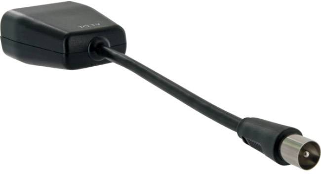 Schwarzes TV-Antennenkabel mit einem quadratischen Gehäuse am hinteren Ende und einem koaxialen Stecker am vorderen Ende.