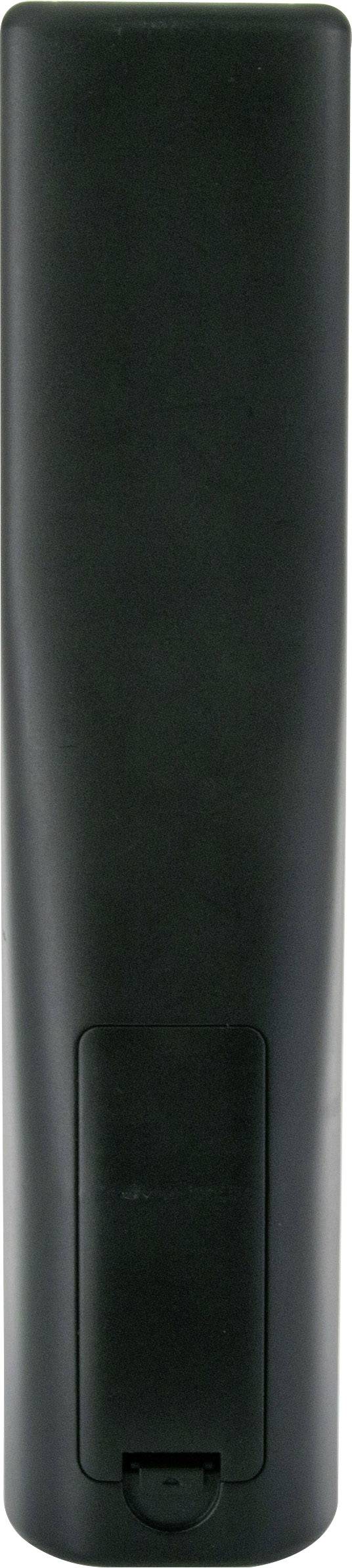 Schwarze Fernbedienung von hinten, zeigt das Batteriefach; schlichtes Design, keine sichtbaren Tasten oder Markierungen.