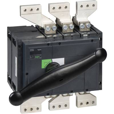 Ein dreipoliger Lasttrennschalter mit großem, schwarzem Drehgriff, der zum sicheren Trennen elektrischer Stromkreise verwendet wird.