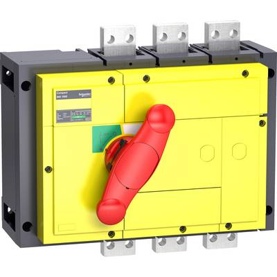 Ein gelber Netztrennschalter mit einem großen roten Griff, montiert auf einer elektrischen Schalttafel, zeigt 'Ein' oder 'Aus'.
