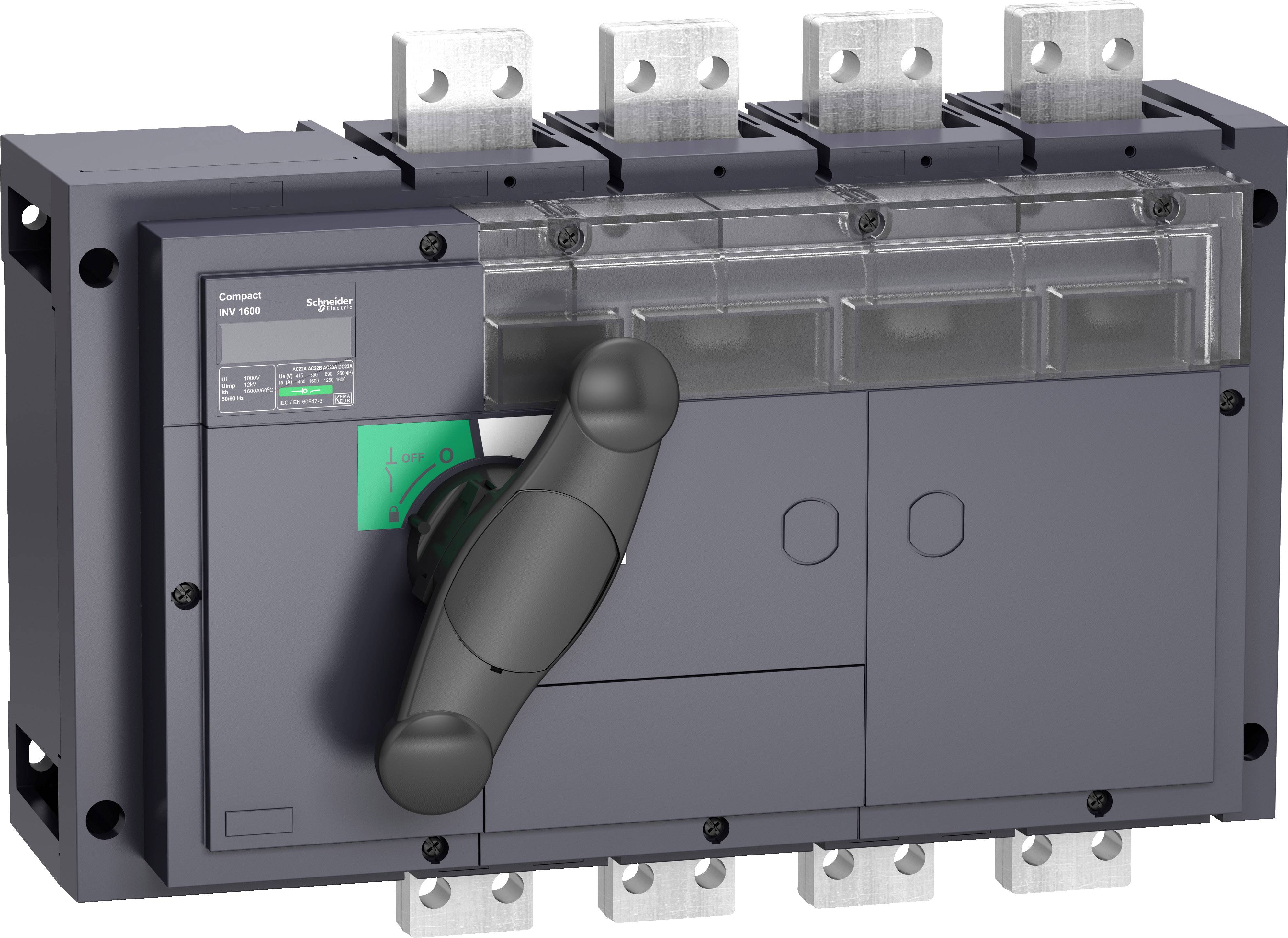 Ein dreipoliger Leistungsschalter mit Kippschalter und mehreren Anschlussklemmen, geeignet für industrielle elektrische Installationen.