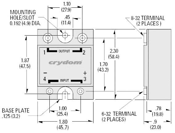 'Technische Zeichnung eines Solid-State-Relais mit Abmessungen. Zeigt Ein- und Ausgänge, Befestigungspunkte und Anschlüsse.'