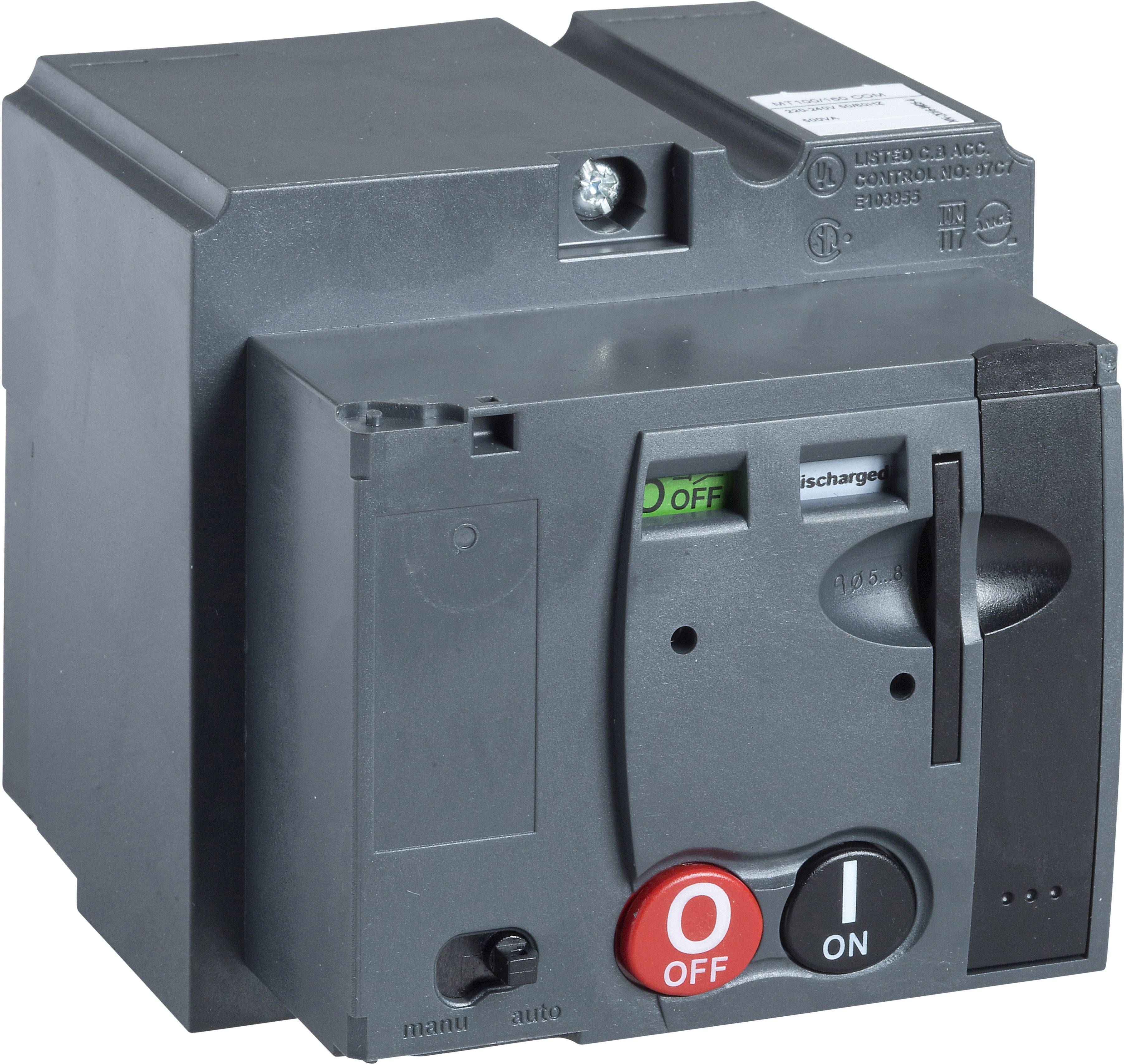 Schwarzer Leistungsschalter mit rotem 'OFF' und schwarzem 'ON' Schalter. In der Anzeige steht 'discharged'.