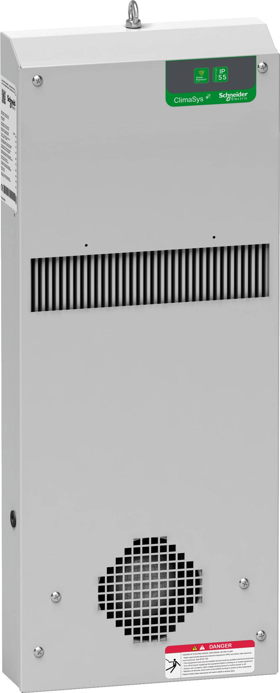 Ein graues, kastenförmiges Klimagerät mit Lüftungsgittern und einem grünen Schild mit der Aufschrift 'ClimaSys 6 Schneider'.