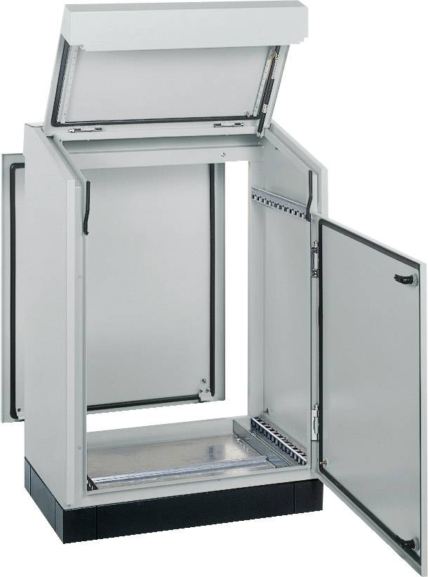 Ein geöffneter, leerer Metallschrank mit zwei Türen und einem aufklappbaren Deckel, der Stauraum zeigt.