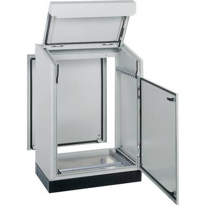 Ein geöffneter, leerer Metallschrank mit zwei Türen und einem aufklappbaren Deckel, der Stauraum zeigt.