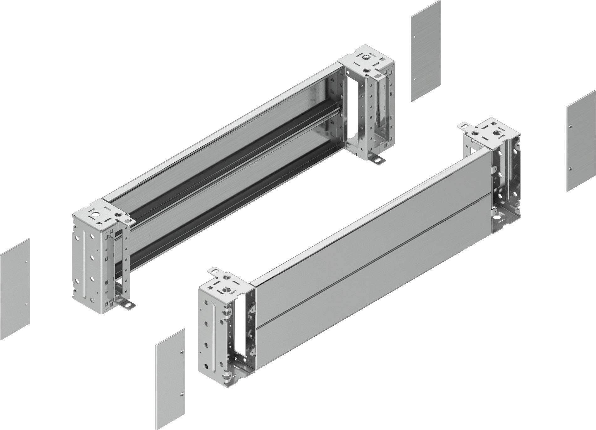 Metallstrukturelemente mit rechteckigem Rahmen, mittig horizontal verbunden, umgeben von sechs kleinen, rechteckigen Metallplatten.