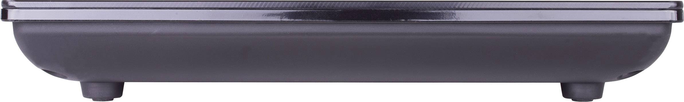 'Eine schwarze, rechteckige Küchenwaage von der Seite, auf einer ebenen Fläche stehend.'