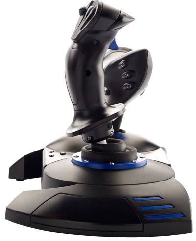Ein schwarzer Joystick mit blauen Akzenten. Er hat mehrere Tasten und einen ergonomischen Griff. Geeignet für Computerspiele.
